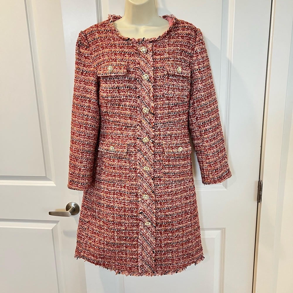 NWT Luelle Chic Pink Tweed Dress with Gold Buttons